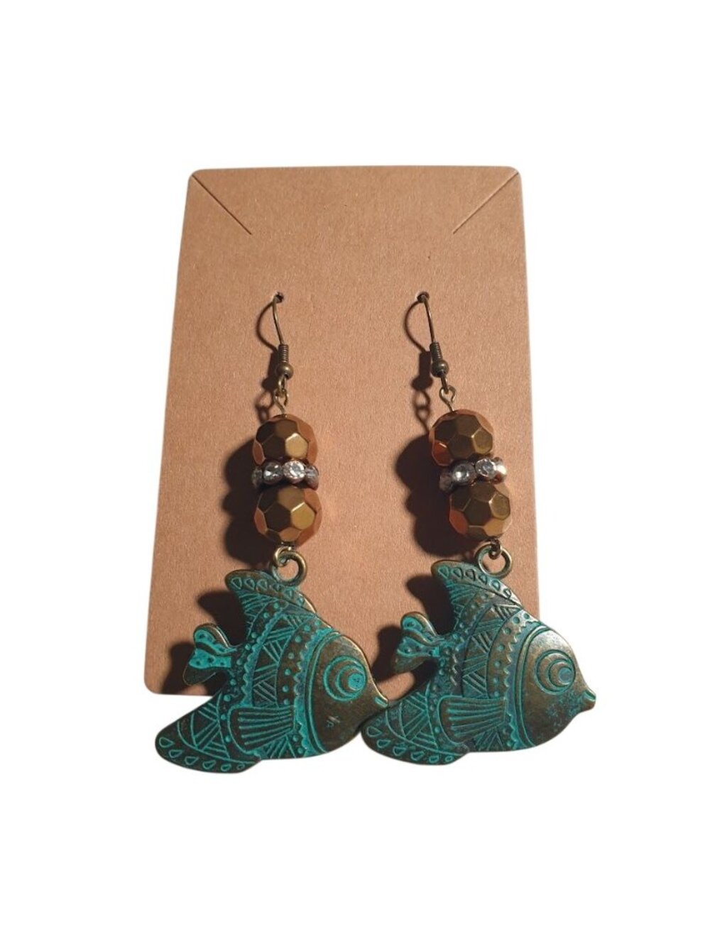Handmade Bronze Patina Fish Dangle Earrings Faceted Beads Hook Beach Core Gift